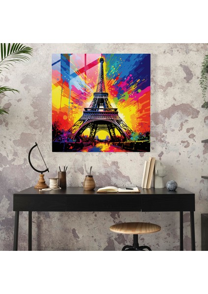 Eğlenceli Cam Baskı - Eyfel Kulesi Pop Art'tan Esinlenen Cam Duvar Sanatı - Ev Dekorasyonu - Duvar Dekoru - Modern Sanat Eseri, 30X30 modelleri