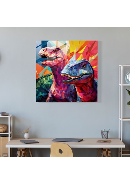 Dinozor Mozaiğinin Canlı Geometrik Cam Baskısı - Göz Alıcı Duvar Dekorasyonu, 30X30