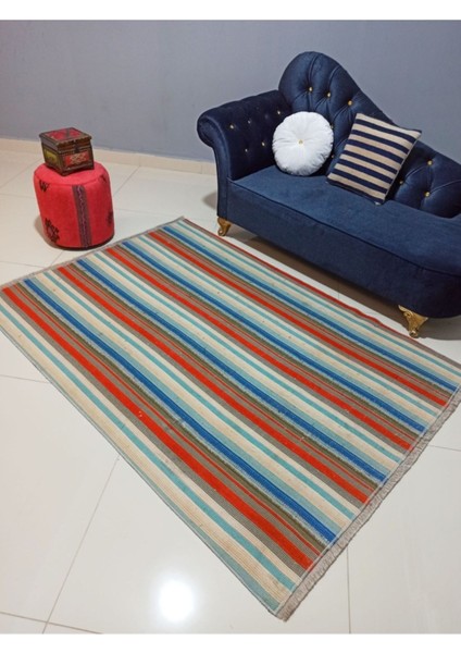 Multı Rengi Çizgili Desenli Vintage El Dokuma Kilim