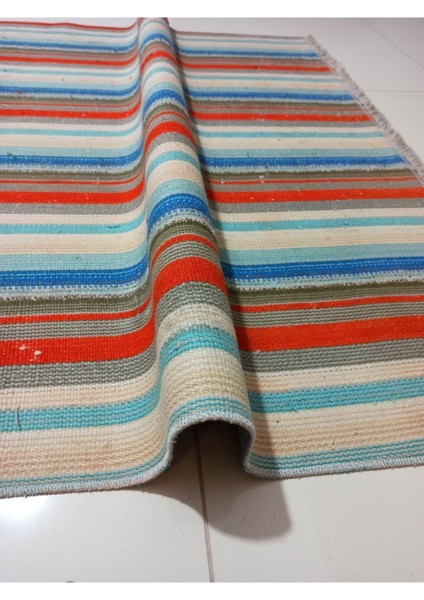 Multı Rengi Çizgili Desenli Vintage El Dokuma Kilim