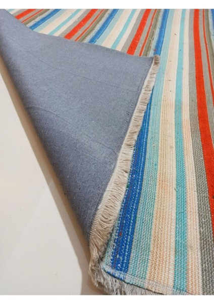 Multı Rengi Çizgili Desenli Vintage El Dokuma Kilim