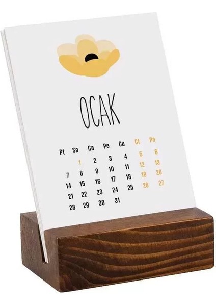 Sarı Çiçekler Masa Takvimi Ahşap Tabanlı 2025 Masa Takvimi