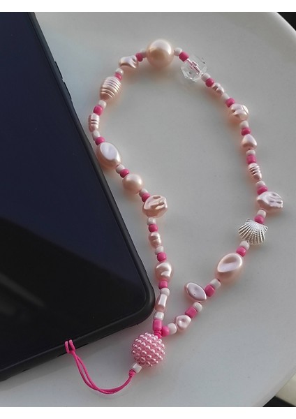 Pembe Beyaz Top Detaylı Telefon Askısı