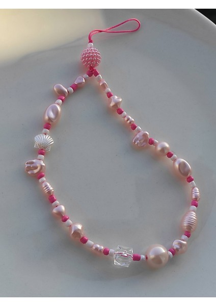 Pembe Beyaz Top Detaylı Telefon Askısı modelleri