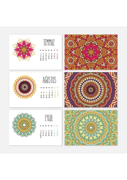 Mandala Desenli 2025 Masa Takvimi Ahşap Tabanlı Masa Takvimi