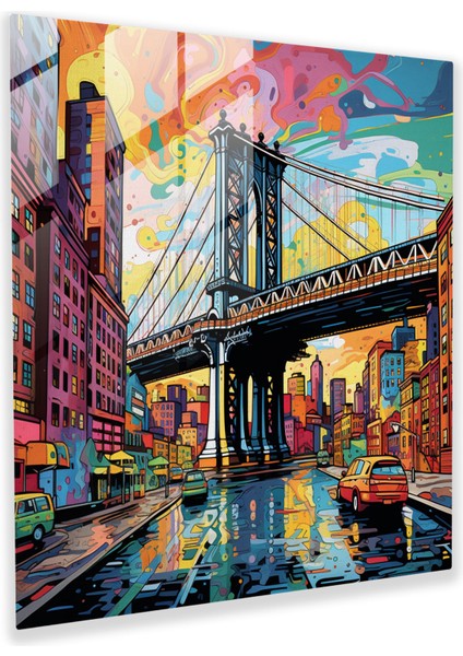 Cesur Pop Art Cam Baskı - Canlı Brooklyn Köprüsü Cam Duvar Sanatı, Ev Dekorasyonu, Duvar Dekorasyonu, Cam Sanatı, 30X30