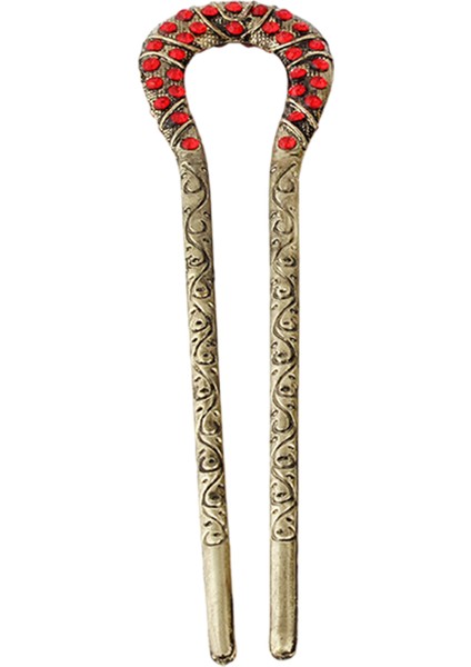 Yeni Sezon Vintage 1. Sınıf Kırmızı Taşlı Işlemeli Metal Topuz Tokası - Çubuk Saç Topuz Tokası