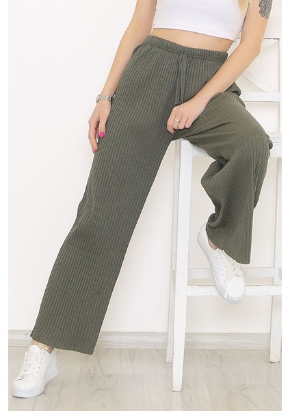 Yüksek Bel Yumuşacık Fitilli Beli Lastikli Günlük Rahat Kadın Pijama Haki