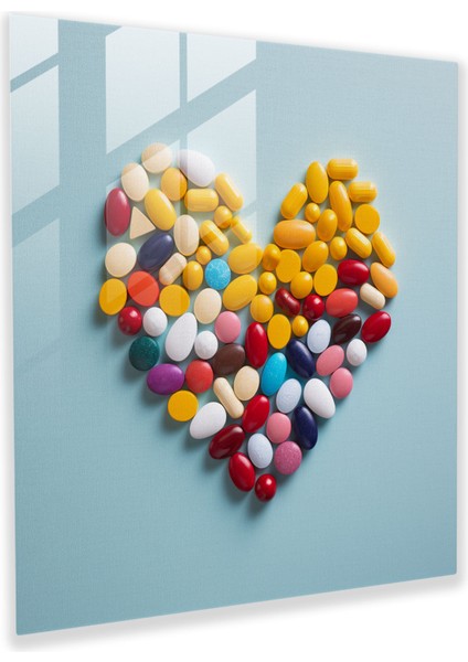 Ilaç Kalp Cam Baskı - Ilaç, Renkli Haplar, Cam Duvar Sanatı, Fotoğraf, 30X30