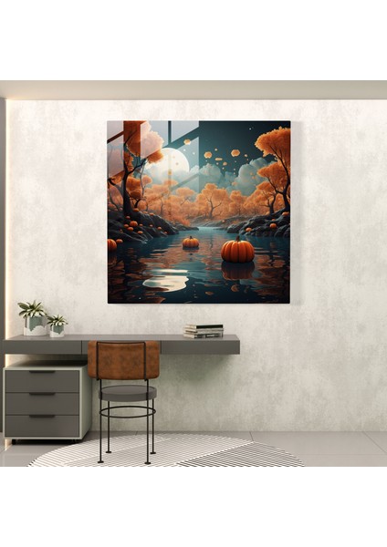 Yüzen Balkabağı Cam Baskı - Sonbahar, Duvar Süslemesi, Yüzen Balkabağı, Ev Dekorasyonu, 30X30