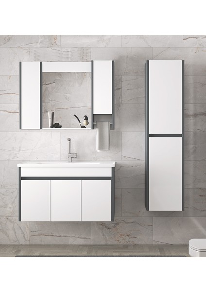 Alfa Banyo Estella 100 35 135 cm Mdf-Boy Dolaplı Aynalı Seramik Lavabolu Banyo Dolabı Takımı Demonte Değil