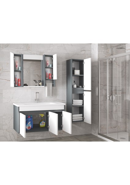 Alfa Banyo Estella 100 35 135 cm Mdf-Boy Dolaplı Aynalı Seramik Lavabolu Banyo Dolabı Takımı Demonte Değil