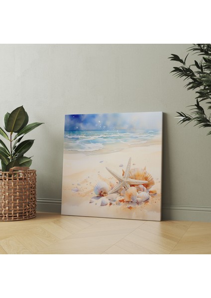 Plaj Kanvas Tablo - Deniz Kabukları ve Denizyıldızı Tablosu - Plaj, Duvar Tablosu, Deniz Kabukları, 30X30 modelleri