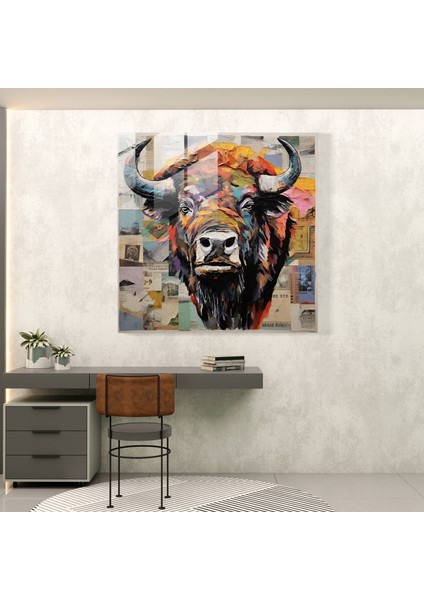 Geri Dönüşümlü Buffalo Kolaj Cam Baskı - Buffalo, Modern Sanat, Çevre Bilinci, Dergi Kesiği, 30X30 fiyatları