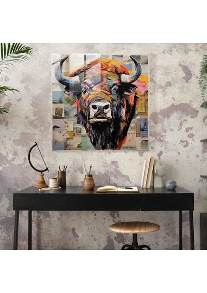 Geri Dönüşümlü Buffalo Kolaj Cam Baskı - Buffalo, Modern Sanat, Çevre Bilinci, Dergi Kesiği, 30X30 modelleri