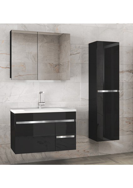 Viosen-Ea Siyah-Gri (80 35) 115 cm Çekmeceli Mdf-Boy Dolaplı-Lavabolu Banyo Dolabı Demonte Değil