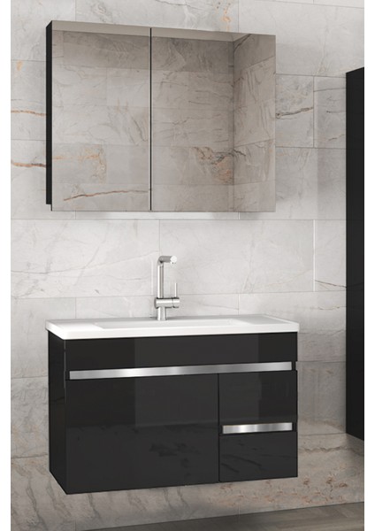 Viosen-Ea Siyah-Gri 80 cm Çekmeceli Mdf-Aynalı Lavabolu Banyo Dolabı Takımı Demonte Değil