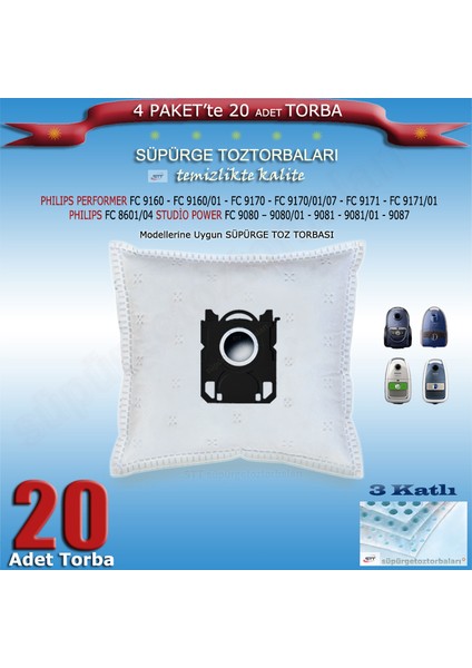 Phılıps Performer Fc 9160 - 9160/01 - 9170 - 9170/01/07 - 9171 - 9171/01 - Fc 8601/04 - Studio Power Fc 9080 – 9080/01 - 9081 - 9081/01 - 9087 Modellerine Uygun 20 Adet Süpürge Toz Torbası 202420