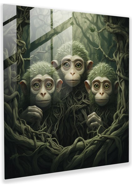 Üç Maymun Cam Duvar Sanatı - 3 Maymun, Gerçeküstü Sanat Eseri, Mistik Orman Arka Planı, Merak, 30X30