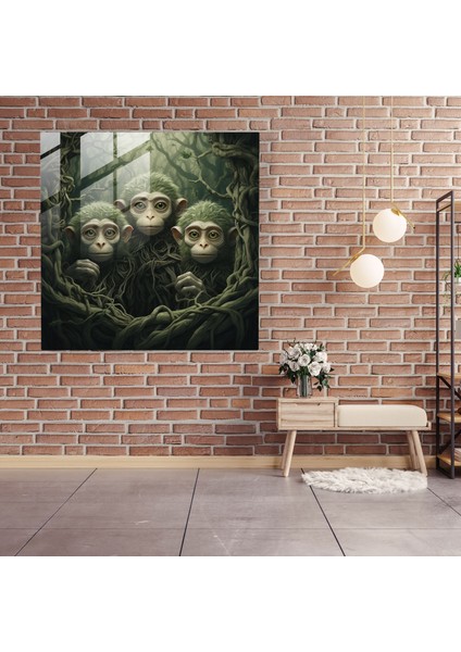 Üç Maymun Cam Duvar Sanatı - 3 Maymun, Gerçeküstü Sanat Eseri, Mistik Orman Arka Planı, Merak, 30X30