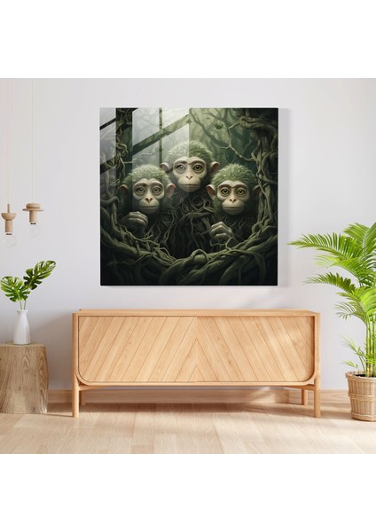 Üç Maymun Cam Duvar Sanatı - 3 Maymun, Gerçeküstü Sanat Eseri, Mistik Orman Arka Planı, Merak, 30X30