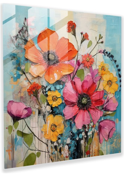 Fusion Blossoms Cam Baskı - Karışık Teknik Çiçek Kolaj Duvar Dekoru, 30X30