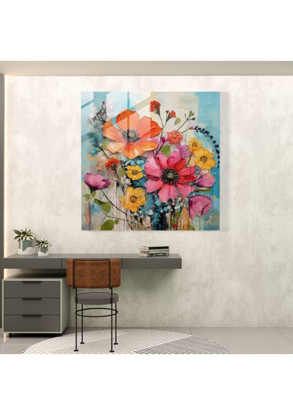 Fusion Blossoms Cam Baskı - Karışık Teknik Çiçek Kolaj Duvar Dekoru, 30X30