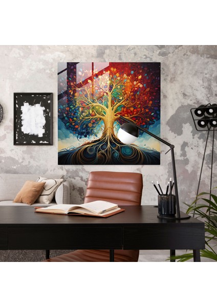 Renkli Hayat Ağacı Cam Baskı - Hayat Ağacı, Cam Sanatı, Cam Duvar Sanatı, Modern Sanat, 30X30 fiyatları