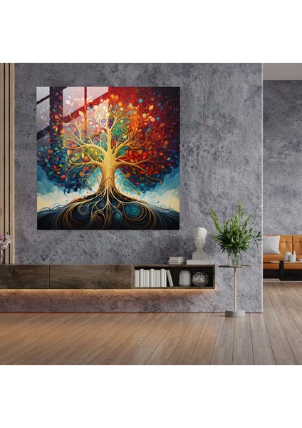 Renkli Hayat Ağacı Cam Baskı - Hayat Ağacı, Cam Sanatı, Cam Duvar Sanatı, Modern Sanat, 30X30 modelleri