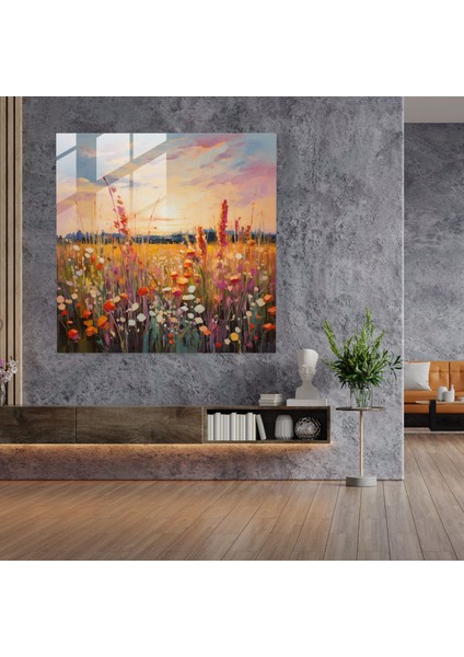 Canlı Soyut Kır Çiçeği Cam Baskı Duvar Sanatı, 30X30