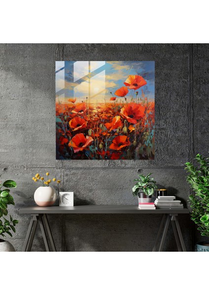 Ateşli Çiçekler Cam Baskı - Empresyonist Haşhaş Tarlası Duvar Dekoru, 30X30 fiyatları