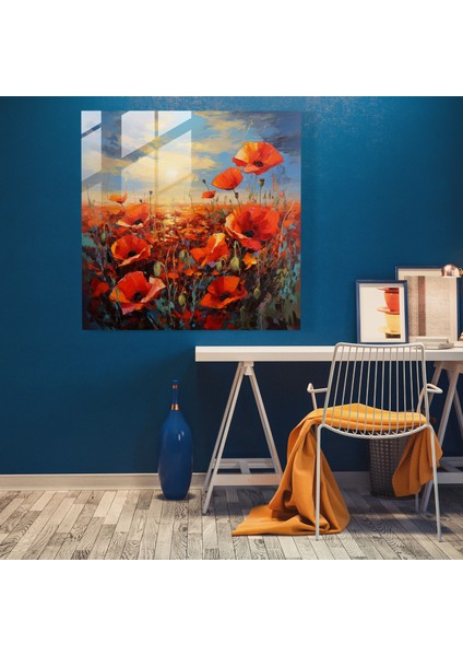 Ateşli Çiçekler Cam Baskı - Empresyonist Haşhaş Tarlası Duvar Dekoru, 30X30 modelleri
