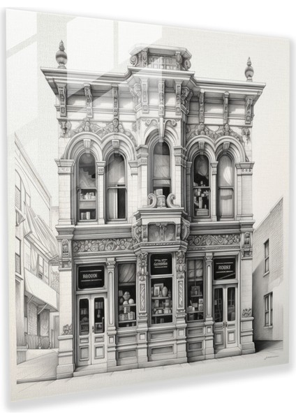 Berberin Mirası - Cam Baskı - Berber, Geleneksel Berber Dükkanları, Nostalji, Monokromatik Mimari Çizim, 30X30