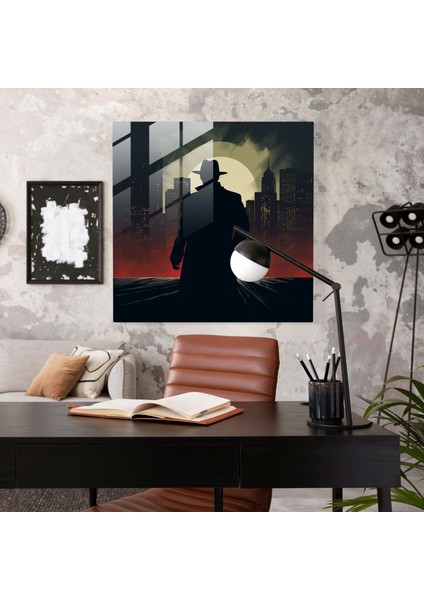 Urban Allure - Şehir Gökdelenlerine Karşı Mafya Silüetinin Cam Baskısı - Minimalist Grafik Illüstrasyon - Ev Dekorasyonu, Duvar Dekoru, Cam Baskılar, 30X30