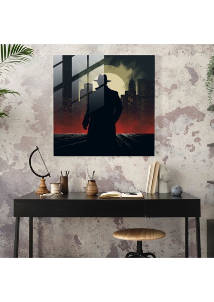 Urban Allure - Şehir Gökdelenlerine Karşı Mafya Silüetinin Cam Baskısı - Minimalist Grafik Illüstrasyon - Ev Dekorasyonu, Duvar Dekoru, Cam Baskılar, 30X30 fiyatları