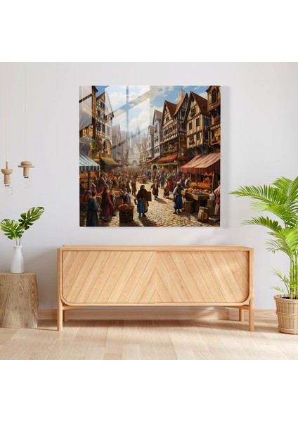 Canlı Yağlıboya Tablo Cam Baskı - Ortaçağ Pazarı Fantezisi - Ev Dekorasyonu, Cam Duvar Sanatı, Duvar Dekoru, Cam Baskı, 30X30 fiyatları