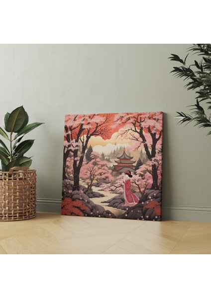 Kiraz Çiçeği Bahçesinde Zarif Geyşa Kanvas Tablo, 30X30