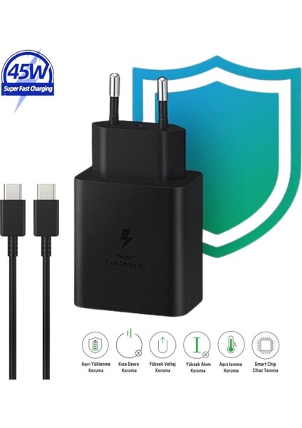 USB Type C Samsung Galaxy M32 Uyumlu 45W Super Hızlı Type-C Şarj Aleti Seti - Ithalatçı Garantili S
