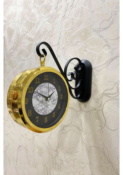36X25 cm Gold Metal Çift Taraflı Istasyon Model Duvar Saati Ev Holü Duvar Dekorasyonu