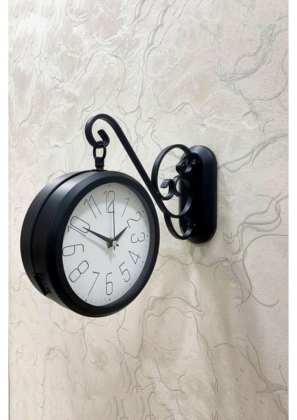 36X25 cm Siyah Metal Çift Taraflı Istasyon Model Duvar Saati Ev Holü Duvar Dekorasyonu