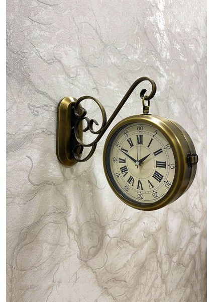 36X25 cm Eskitme Metal Çift Taraflı Istasyon Model Duvar Saati