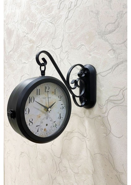 36X25 cm Siyah Metal Çift Taraflı Istasyon Model Duvar Saati