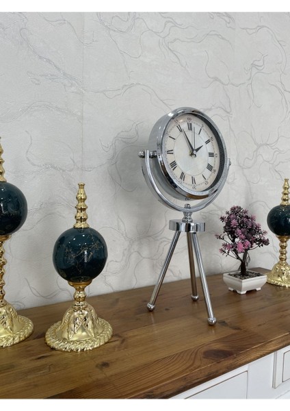 Metal Krom Kaplama Gümüş Renk Ayaklı Dekoratif Masa Saati