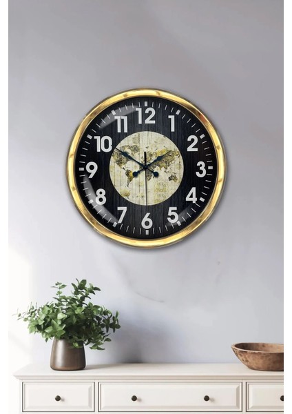 40 cm Metal Düz Rakam Dünya Haritası Kadranlı Modern Dekoratif Lüks Duvar Saati