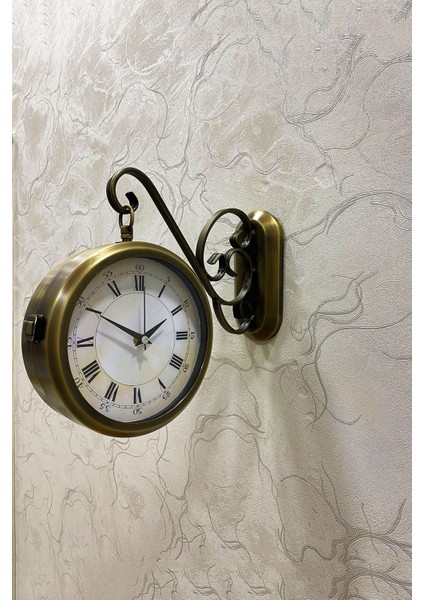 36X25 cm Eskitme Metal Çift Taraflı Istasyon Model Duvar Saati