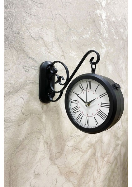 36X25 cm Siyah Metal Çift Taraflı Istasyon Model Duvar Saati