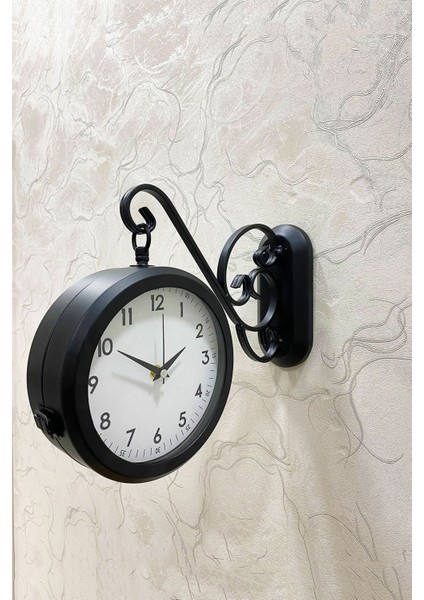 36X25 cm Siyah Metal Çift Taraflı Istasyon Model Duvar Saati