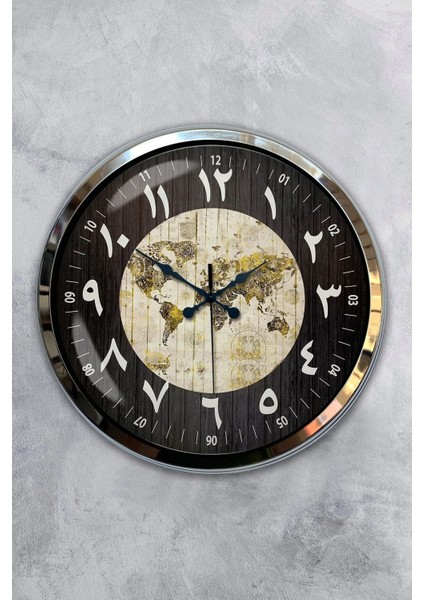 40 cm Metal Arapça-Farsça Rakamlı Dünya Haritası Kadranlı Modern Dekoratif Lüks Duvar Saati