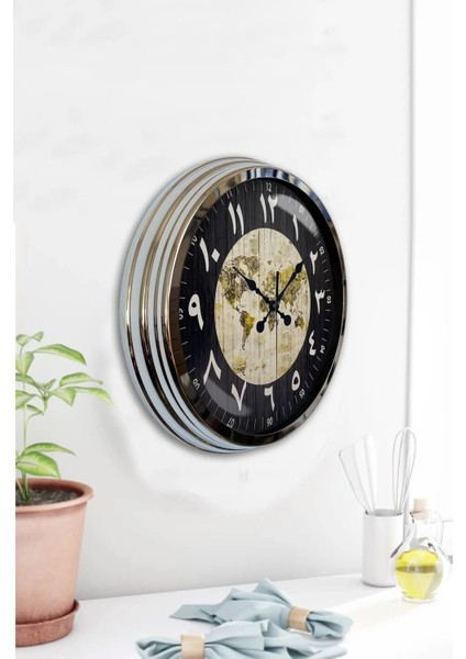 40 cm Metal Arapça-Farsça Rakamlı Dünya Haritası Kadranlı Modern Dekoratif Lüks Duvar Saati modelleri