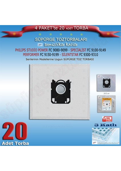 Phılıps Studio Power Fc 9080→9099 - Specialist Fc 9100→9149 - Performer Fc 9150→9199 - Silentstar Fc 9300→9310 Serilerinin Modellerine Uygun 20 Adet Süpürge Toz Torbası 202420